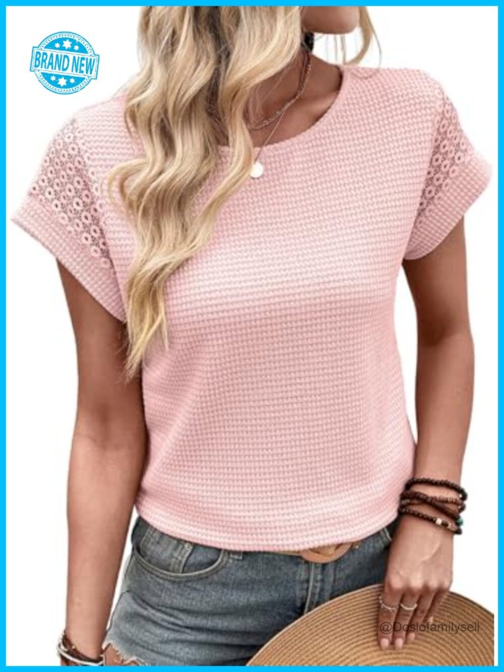 Waffle Knit Lace Short Sleeve Crewneck Tee Womens Casual Loose Fit Top